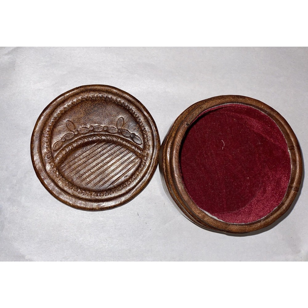 Vintage Hand Tooled Leather Brown Storage Trinket Keepsake Box Velvet Lined EUC